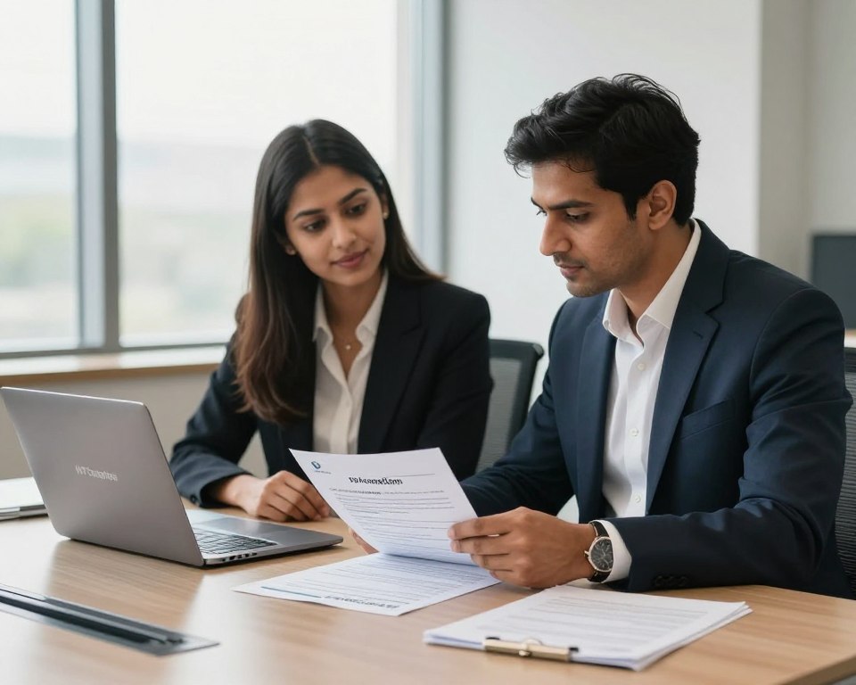 A professional office setting depicting a diverse couple, representing NRI (Non-Resident Indian) and OCI (Overseas Citizen of India) individuals, seated at a sleek conference table, reviewing surrogacy documentation. The foreground features neatly organized papers and a laptop displaying the brand name "IVF Conceptions." In the background, a large window allows soft, natural light to fill the room, casting a warm glow. The couple is dressed in smart business attire, embodying a serious but hopeful atmosphere as they discuss their family planning options. The image captures the essence of professionalism and clarity, focusing on the importance of understanding surrogacy guidelines in India for NRI and OCI couples in 2026. The camera angle is slightly elevated, providing a clear view of the couple and their documents.