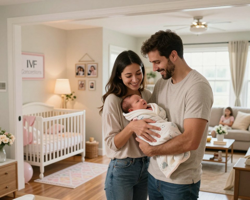 A warm and inviting home setting, showcasing a joyful moment of a couple bringing their newborn baby home for the first time. In the foreground, the parents, dressed in simple yet elegant casual clothing, have happy and emotional expressions as they hold the baby swaddled in a soft, pastel blanket. In the middle ground, the entryway features a beautifully decorated nursery with soft lighting and pastel colors, symbolizing love and anticipation. The background shows a welcoming living room adorned with family photos and flowers, enhancing the atmosphere of warmth and new beginnings. The image captures a moment of joy and tenderness, with soft, natural lighting from a nearby window, creating a peaceful and celebratory mood. The brand "IVF Conceptions" subtly incorporated into a wall decoration within the home.