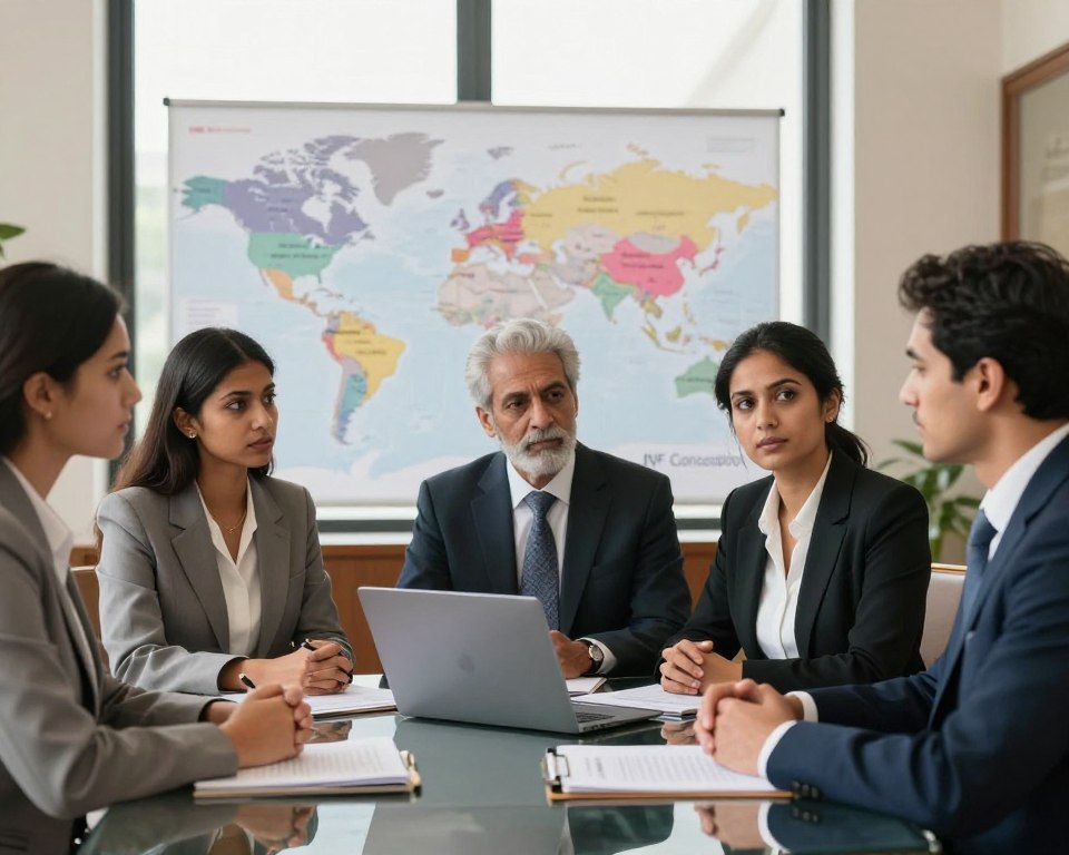 A thoughtful and informative scene depicting the legal implications of surrogacy abroad. In the foreground, a diverse group of three professionals dressed in smart business attire, including an Indian couple and a legal advisor, engaged in a serious discussion around a glass table filled with documents and a laptop, symbolizing research and planning. In the middle, a blurred map of various countries showcasing surrogacy-friendly laws and regulations. The background features an elegant office setting with a large window, allowing soft, natural light to illuminate the scene, creating a warm and inviting atmosphere. The mood conveys a sense of hope and professionalism, ideal for the topic. Include the brand name "IVF Conceptions" subtly in the design of the documents on the table.