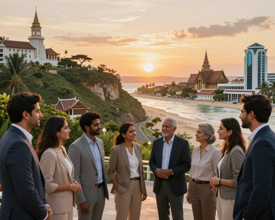 A tranquil, inviting scene capturing the essence of popular surrogacy destinations for Indian couples. In the foreground, a diverse group of couples in professional business attire, smiling and engaged in conversation, symbolize hope and unity. The middle ground features iconic landmarks from well-known surrogacy destinations, such as California's lush landscapes and Thailand's serene beaches, blending cultural motifs with modern healthcare facilities. The background showcases a soft sunset sky, casting warm, golden light that evokes optimism and new beginnings. Use a wide-angle lens to give depth to the scene, emphasizing the sense of community and support. The overall mood is uplifting and professional, promoting the idea of global family-building options. Ensure that the brand name "IVF Conceptions" subtly blends into the scene without being prominent.