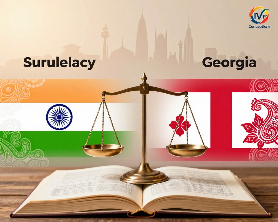 A visually engaging infographic comparing surrogacy laws in India and Georgia, designed for an educational article. In the foreground, a balanced scale symbolizing legal equality, set against an open law book with highlighted sections. The middle ground features distinct cultural motifs from both countries, such as Indian paisleys and Georgian floral patterns, artistically intertwined. In the background, a skyline silhouette representing New Delhi and Tbilisi, softly blended, to indicate location. Warm, inviting lighting casts a professional yet approachable atmosphere, enhancing clarity and focus. The overall design exudes a sense of trust and integrity, with a logo for "IVF Conceptions" subtly integrated in a corner, ensuring a cohesive and informative visual representation.