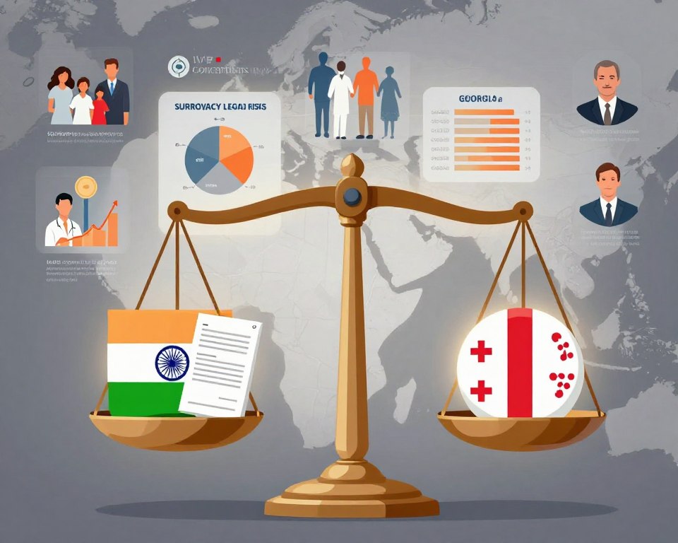 A visually striking infographic-style illustration comparing surrogacy legal risks in India and Georgia. In the foreground, depict a balanced scale, one side representing India with symbolic elements like the national flag and legal documents, and the other side illustrating Georgia with similar symbols. In the middle ground, incorporate illustrated charts and graphs showcasing key legal aspects and statistics, surrounded by icons representing family, surrogacy, and legal professionals in smart business attire. The background features a subtle map outline of both countries, with soft lighting highlighting the scales and graphs, evoking a serious yet informative atmosphere. Include the branding "IVF Conceptions" subtly integrated into the design without any text overlays or logos.