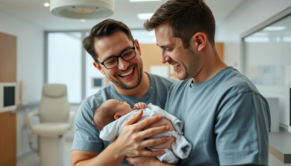 Happy gay couple holding their surrogacy baby in Mexico