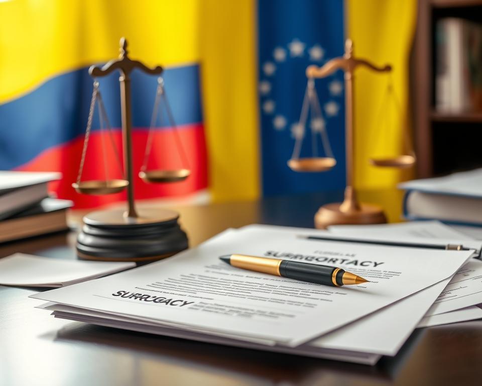 Legal documents and Colombian flag representing surrogacy law