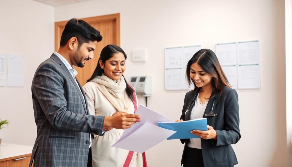 Indian couple consulting with a surrogacy specialist about their options as Indian nationals Indian couple consulting with a surrogacy specialist about their options as Indian nationals