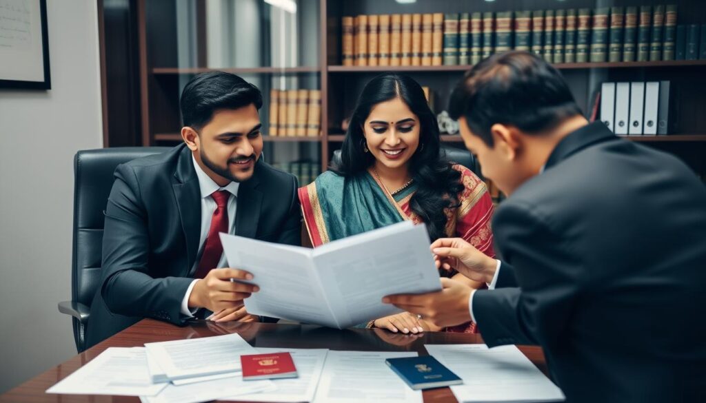 Indian couple discussing legal documents with a lawyer for international surrogacy